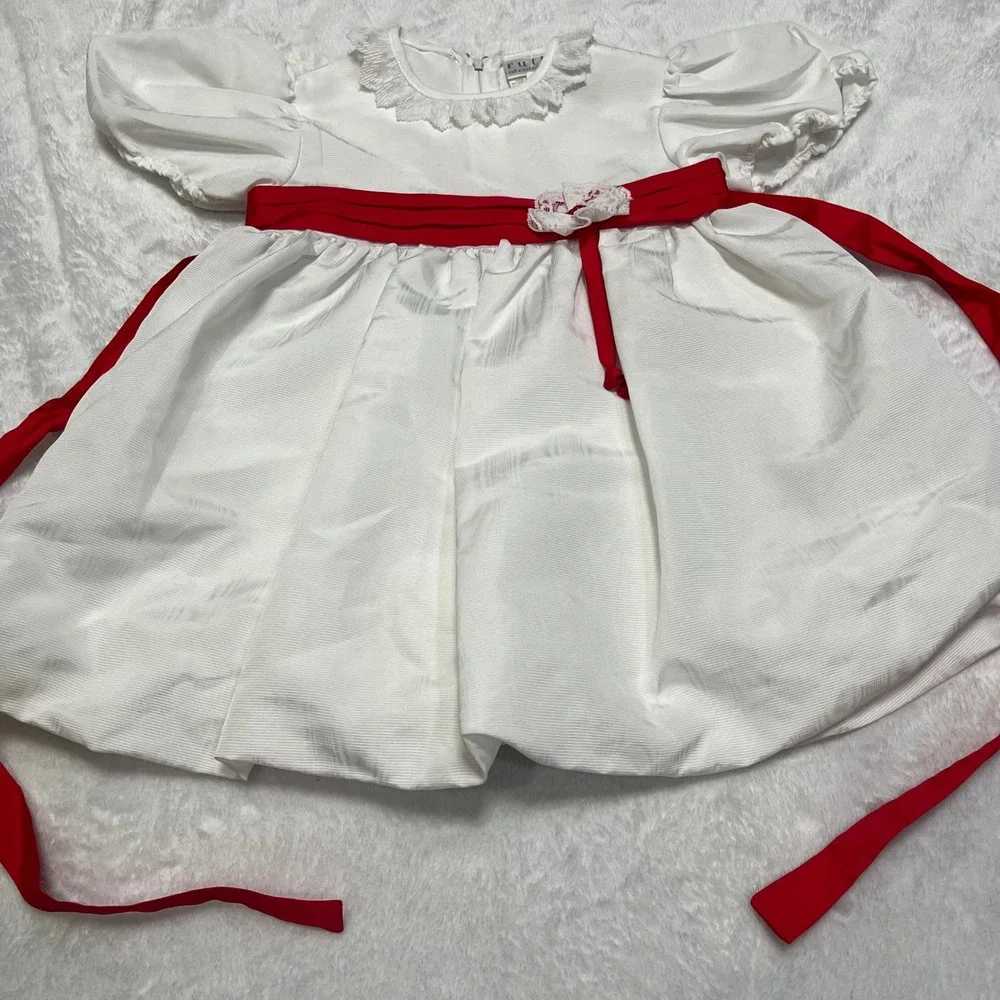 VINTAGE Ruth of Carolina Holiday Dress 4T Girls White Red Sash Lace Formal